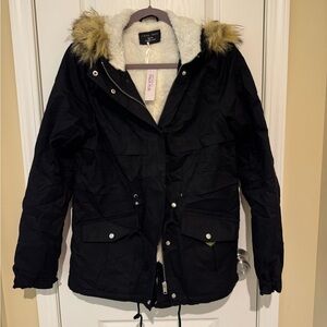 Love Tree Black Utility Jacket with Faux Fur Trim